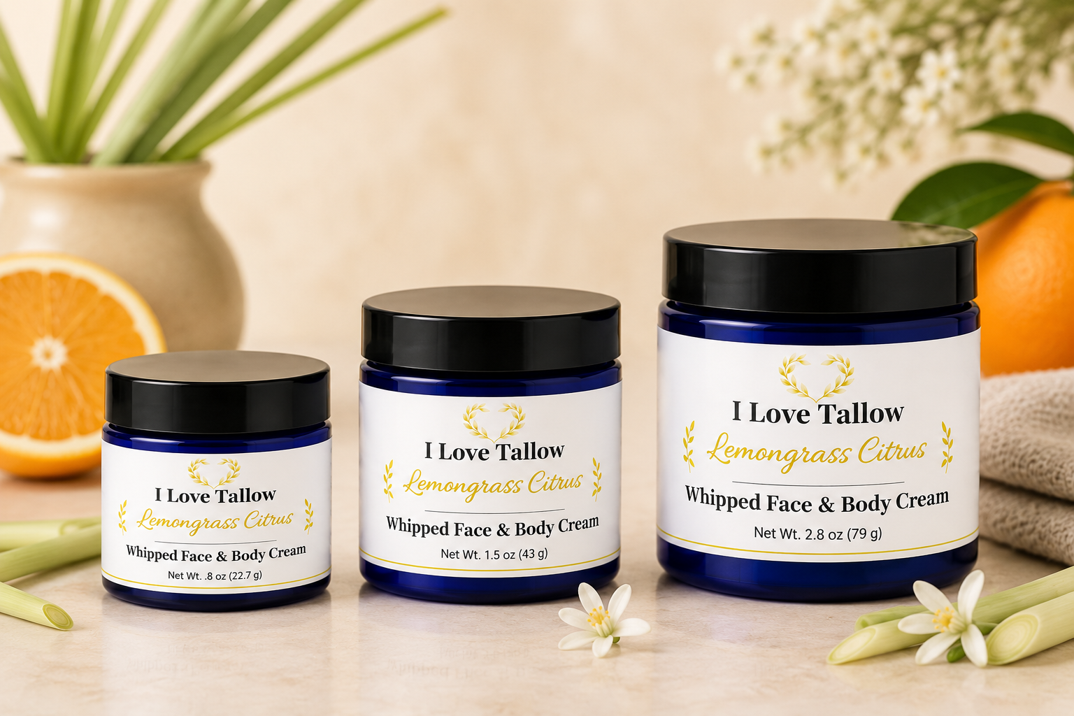 I Love Tallow Lemongrass Citrus Whipped Face & Body Cream - three jar sizes: 0.8 oz, 1.5 oz, and 2.8 oz