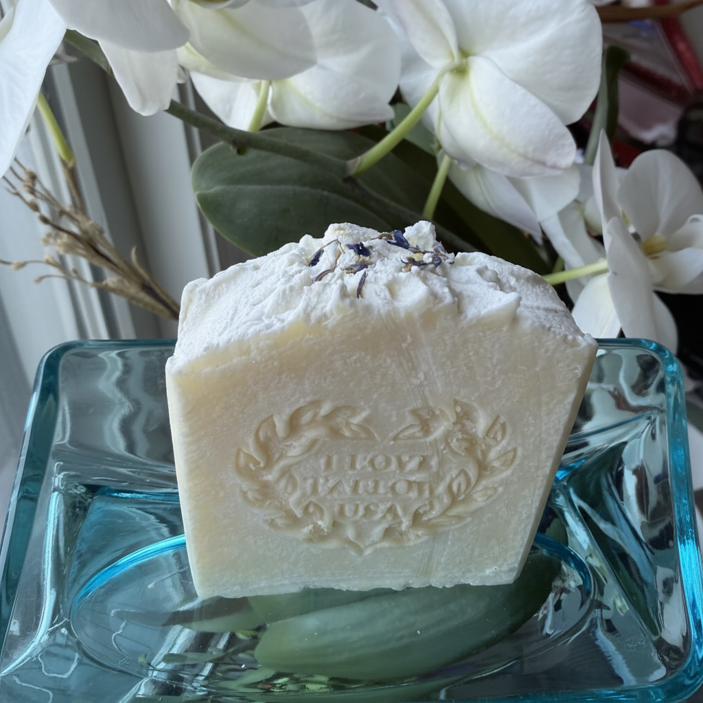 Lavender tallow soap bar on glass dish with white orchid flowers, top-down view